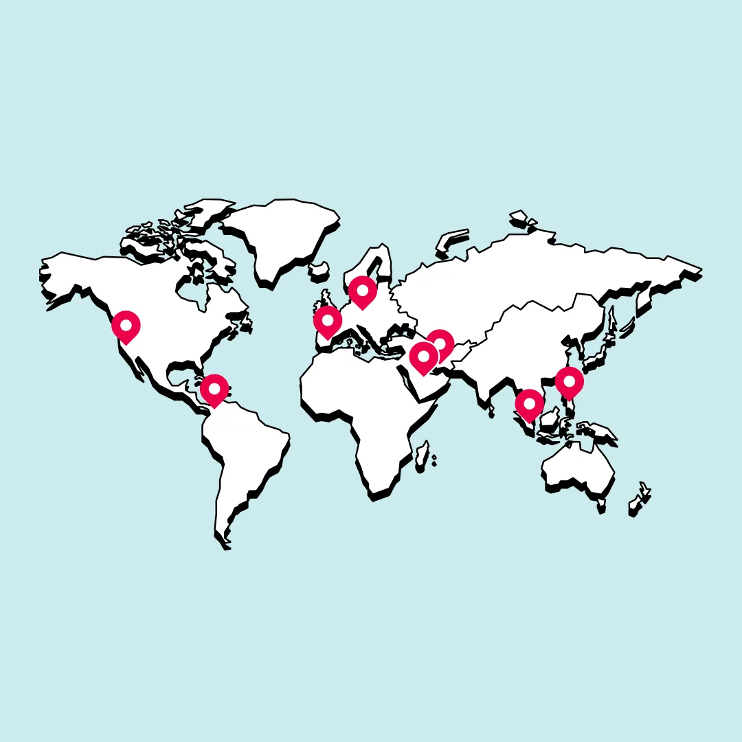Illustration of world map with location pins marking training sites.