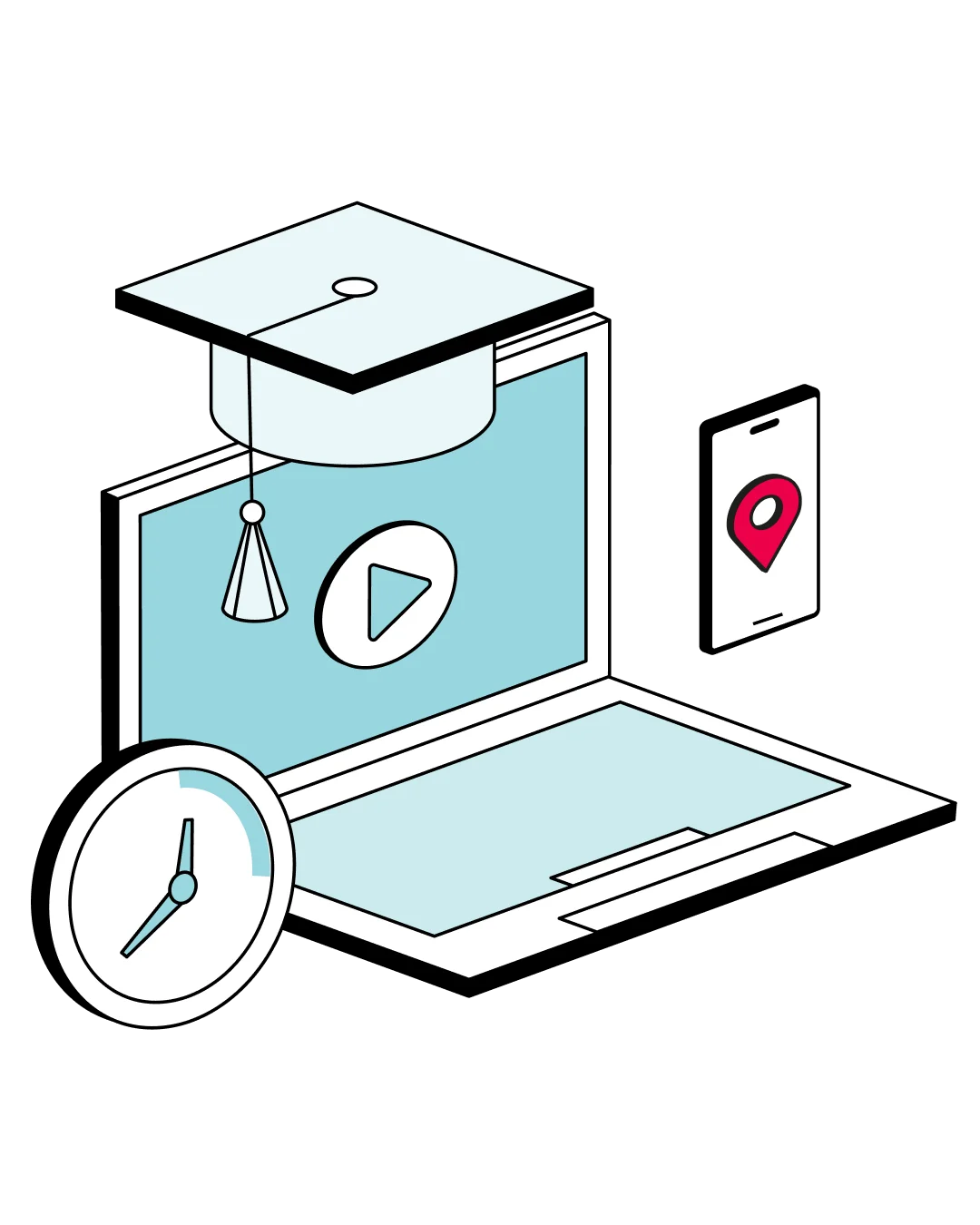 Illustration of E-learning laptop with graduation cap, clock, and location-pin phone icon.