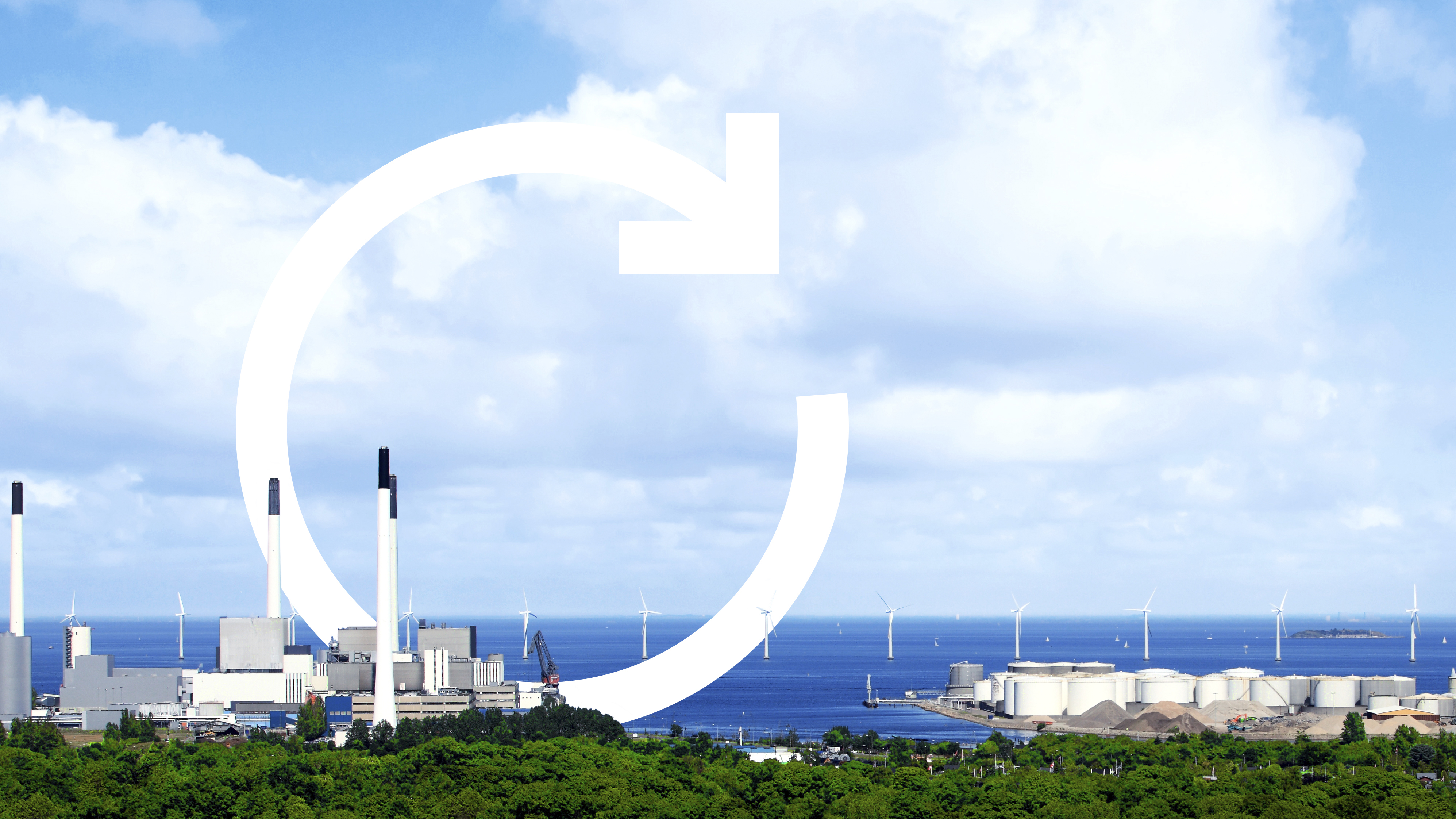 coast with wind turbines and illustrative arrow