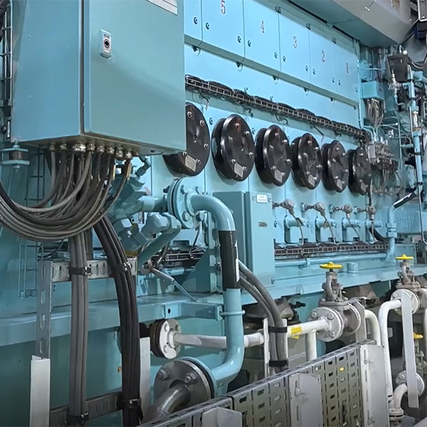 Close-up view of a methanol-fuelled marine generator set showing engine components, piping and auxiliary systems.