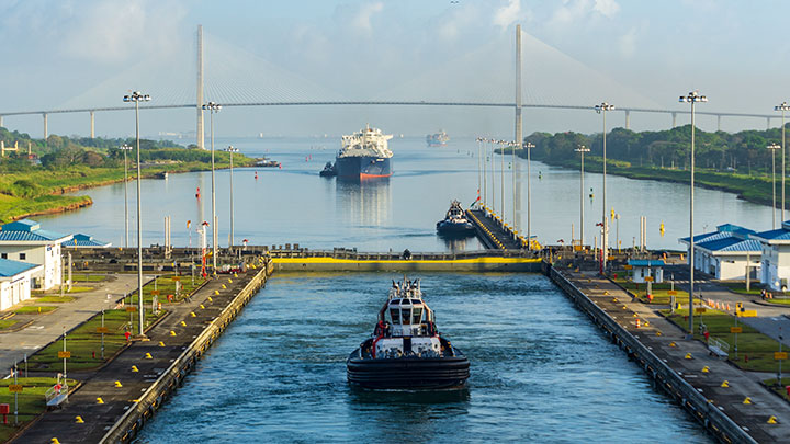 two ships entering the Panama canal