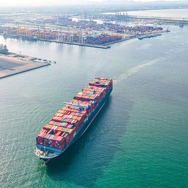 arial view of a container ship apporaching a habor