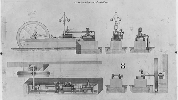 historische Zeichnung Dampfmaschine