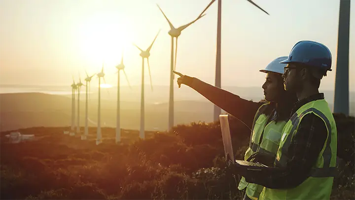 two service employeer in front of windmils