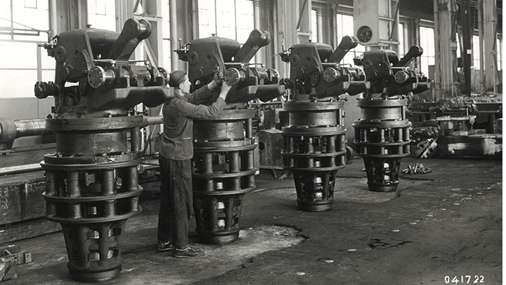 Historical photograph of valves in production