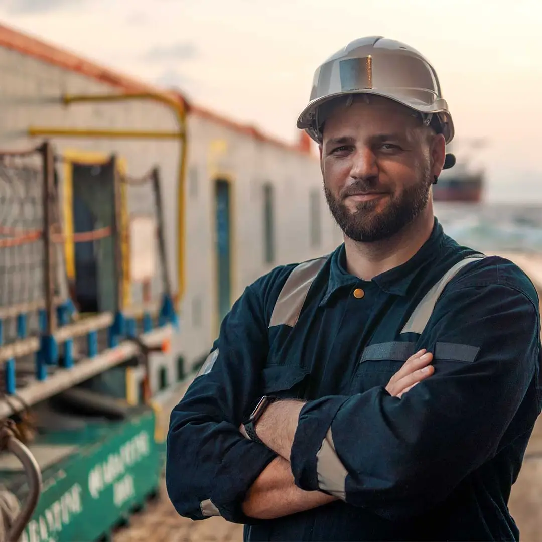 Service employee in overhaul looking into the camera