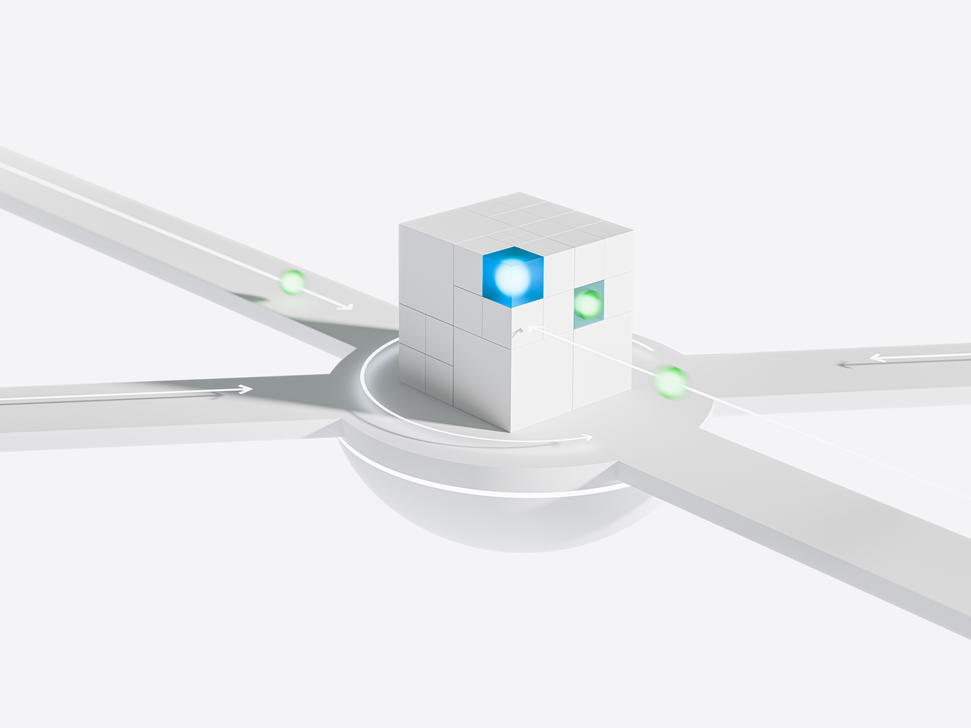 3D illustration of a glowing white cube at a roundabout, symbolizing retrofit and decarbonization pathways in marine and power sectors