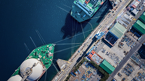 arial view on an LNG ship at a dock