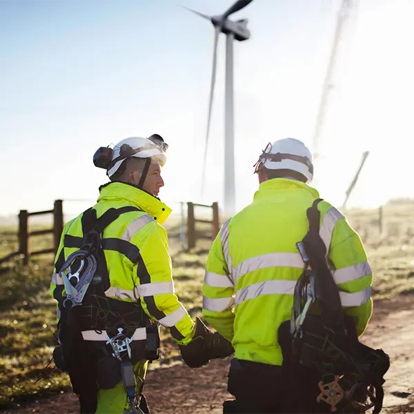 two service employees in front of a wind mill