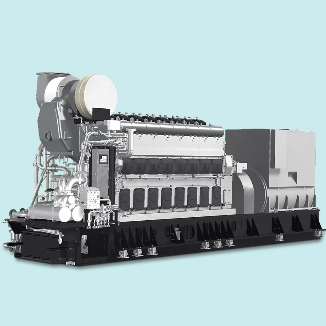 Render of a 32/40 four-stroke engine on a base frame, showing turbocharger, cylinder heads and generator section.