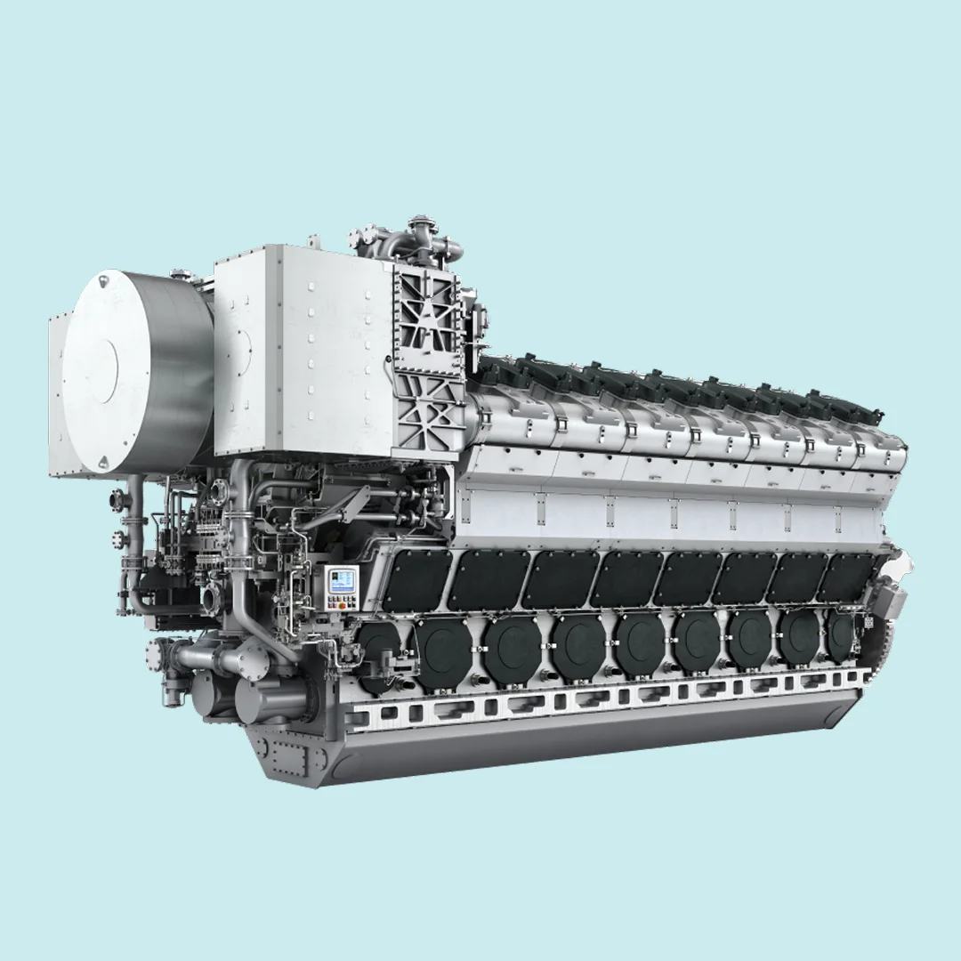 Render of a 48/60 engine with visible turbocharger, cylinder banks and detailed piping