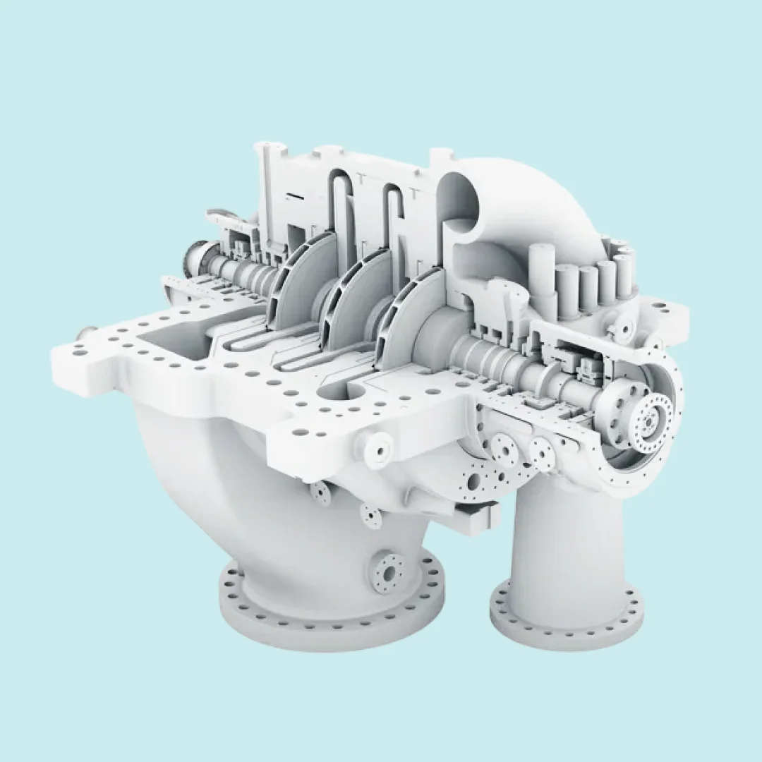 Industrial compressor cutaway showing internal rotors and casing
