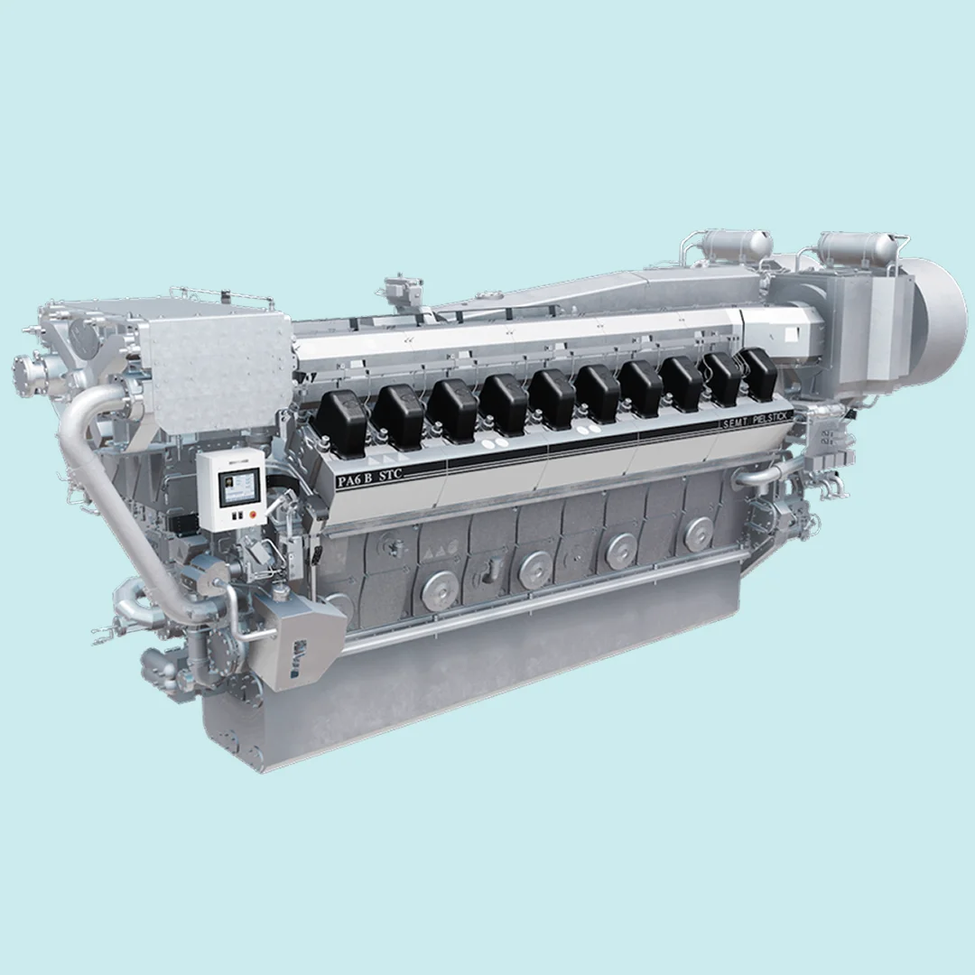 Render of a Pielstick engine with exposed cylinder covers and high-detail piping and components.