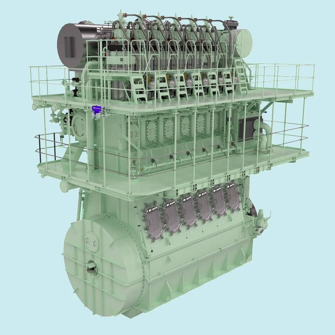 Render of a large two-stroke low-speed marine engine with green housing, platform walkways and visible cylinder units.
