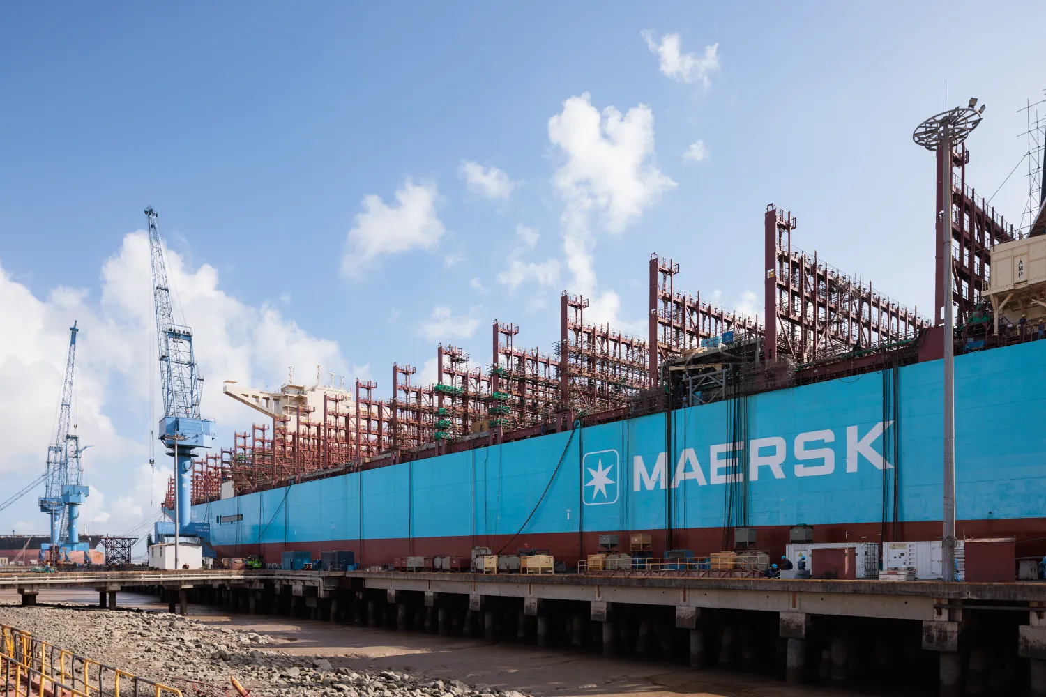 The Maersk Halifax container ship in dry dock at Zhoushan, China, undergoing the world’s first methanol retrofit for a VLCV.