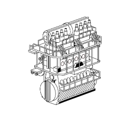 Line drawing of a large two-stroke marine engine showing cylinder arrangement and structural components