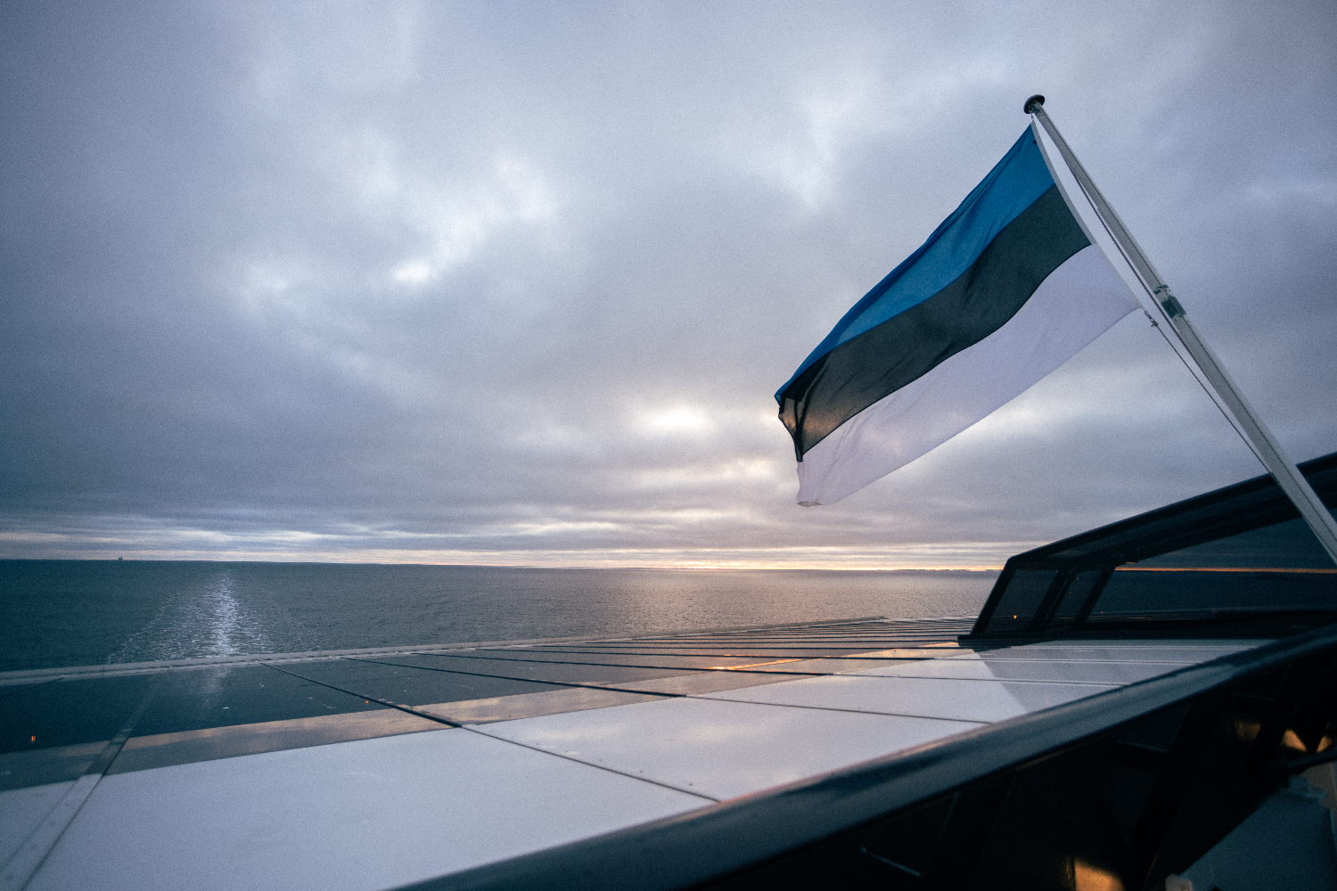 View from MyStar’s deck across the Baltic Sea with Estonian flag.