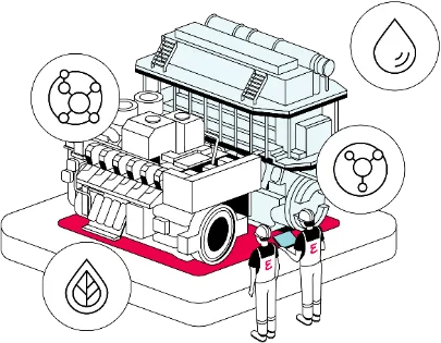 illustration of motor and symbols symbolizing everlence key technologies in the future fules sector