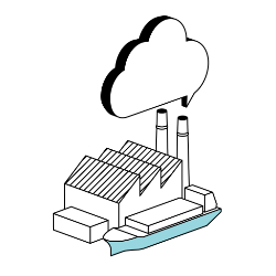 Minimalistic graphic showing industrial buildings and emissions cloud, representing greenhouse gas output and environmental impact