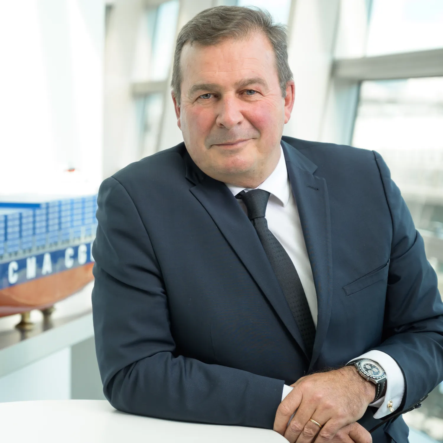 Xavier Leclercq, Vice President of CMASHIPS at CMA CGM, seated in an office, discussing the company’s strategy for maritime decarbonization.