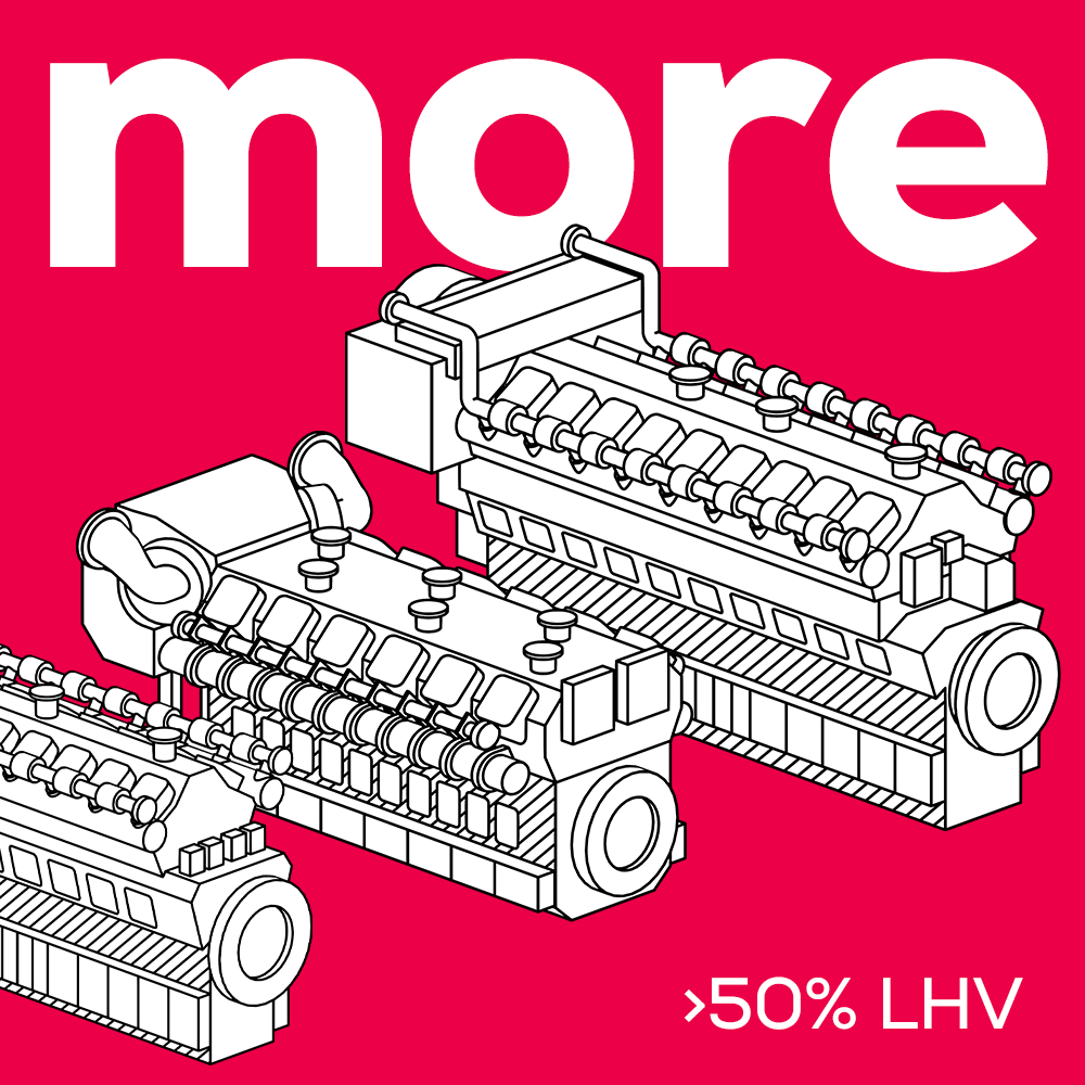 Graphic showing three gas engine illustrations with the text “>50% LHV.”