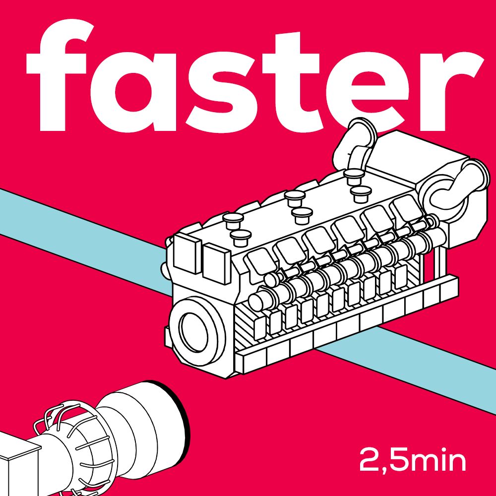 Graphic with a gas engine and a turbine illustration on a diagonal blue line, labeled “2.5 min.”