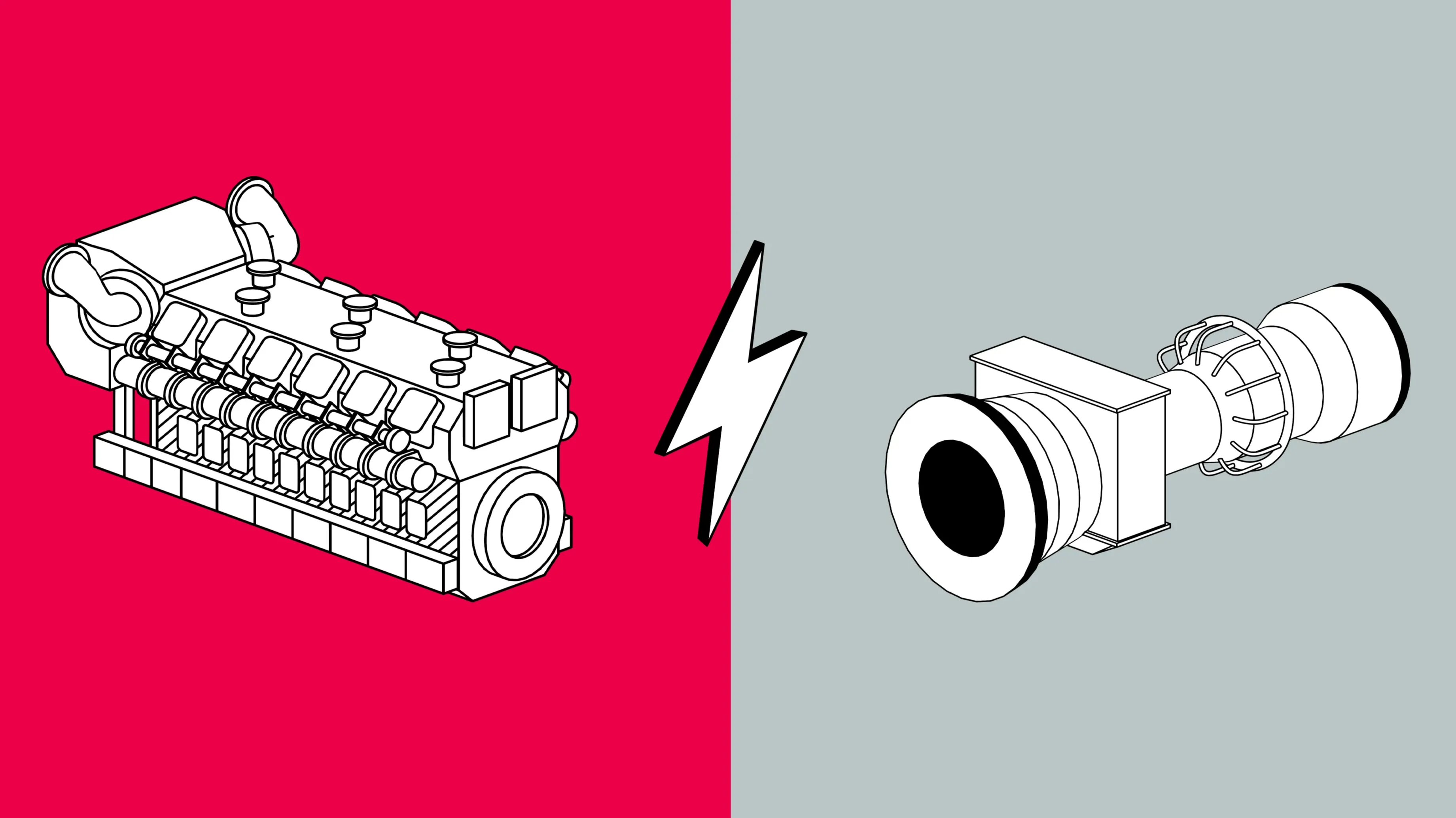Illustration of a gas engine on the left and a turbine on the right, separated by a lightning bolt