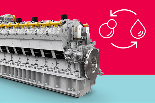 Large dual-fuel engine rendering with fuel icons on light blue