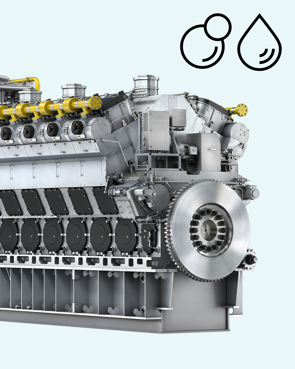 Large dual-fuel engine rendering with fuel icons on light blue