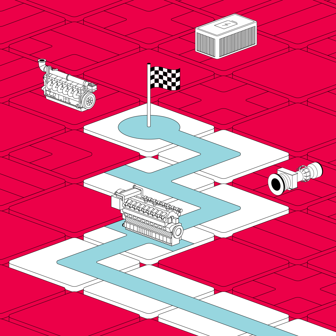 illustration of engines on a path with a checkered flag at the end, on a red labyrinth-style background