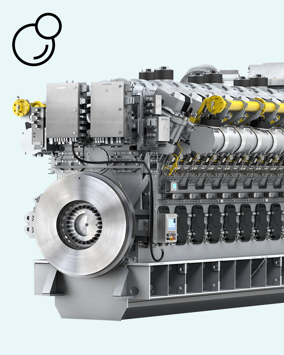 Medium-speed gas engine rendering with yellow piping and fuel icons on pale blue