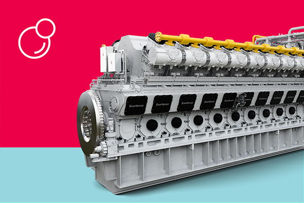 Medium-speed gas engine rendering with yellow piping and fuel icons on pale blue