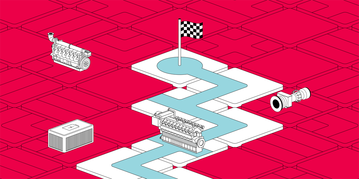 illustration of engines on a path with a checkered flag at the end, on a red labyrinth-style background