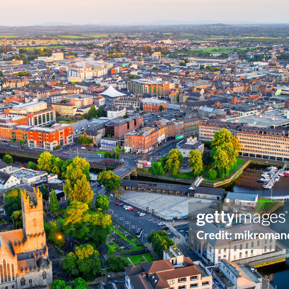 erial view of Athlone with buildings, river, and green areas