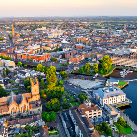 erial view of Athlone with buildings, river, and green areas