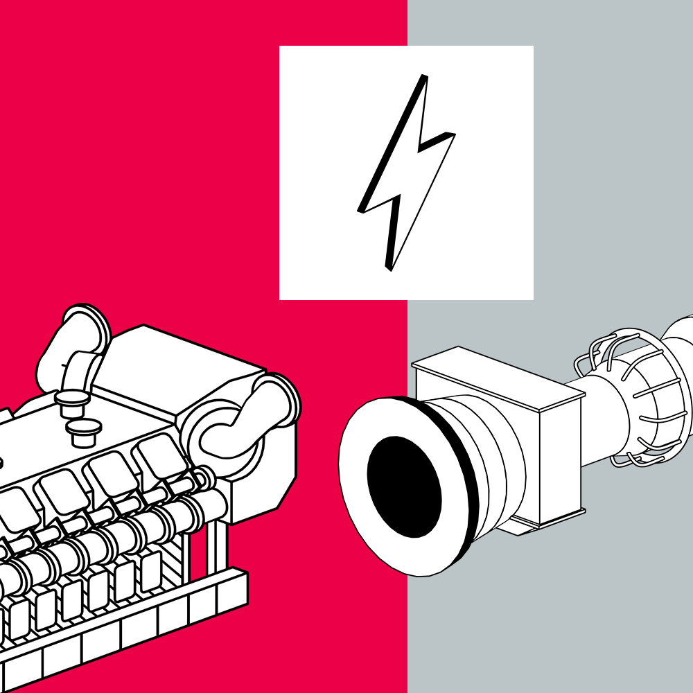 Close-up illustration of an Everllence gas engine and a turbine with lightning bolt between