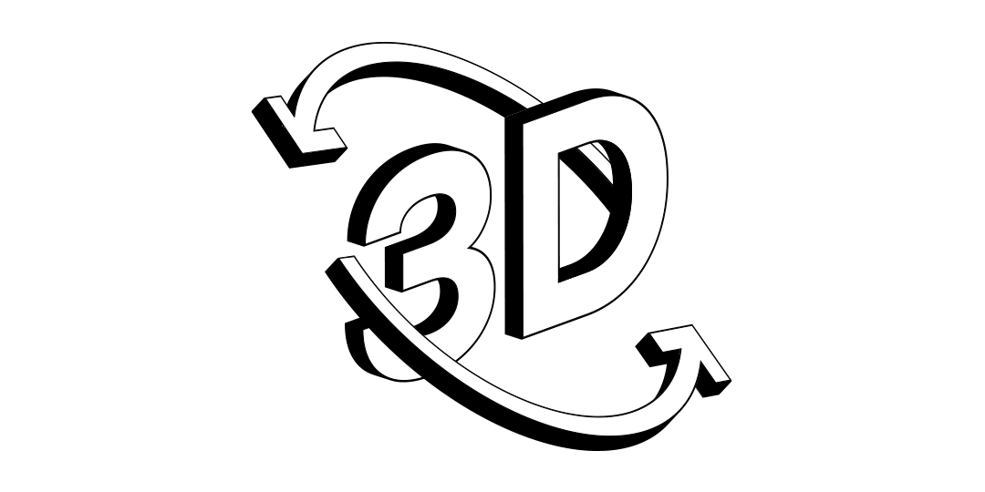 Isometric drawing of "3D" in block letters, surrounded by two curved arrows forming a circle