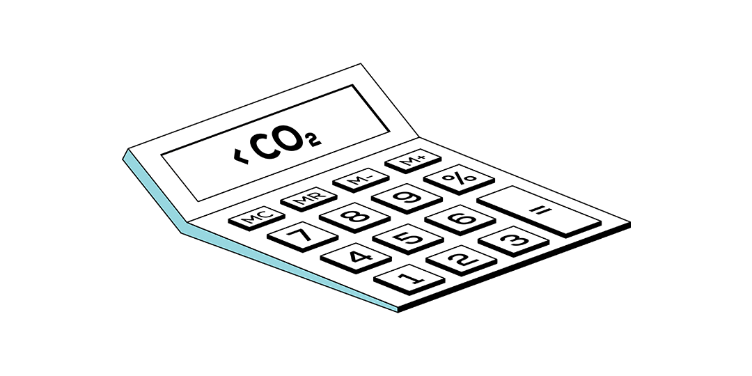 Isometric drawing of a calculator displaying "< CO₂" on its screen, with a light blue bottom edge
