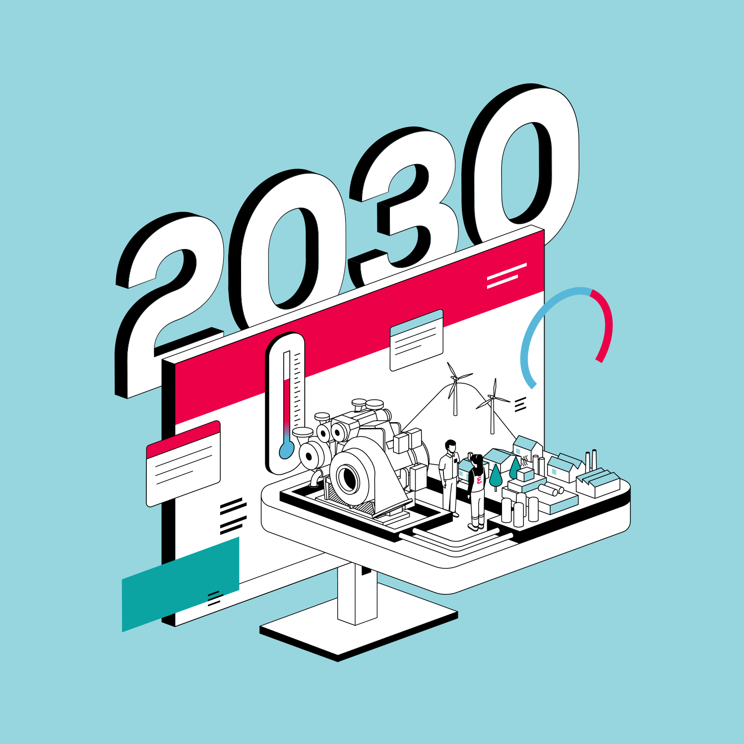 illustration of "2030", a monitor, a machine, two figures, and a miniature landscape