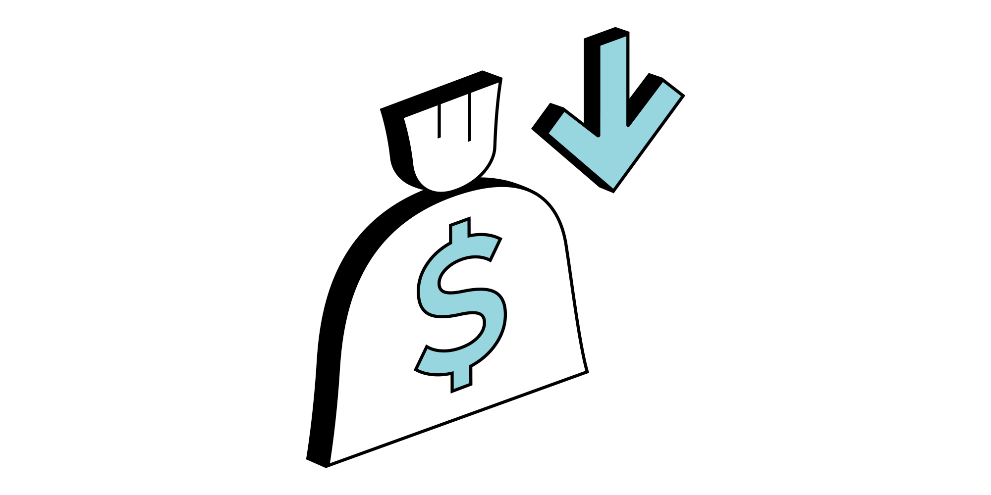 Isometric illustration of a money bag with a dollar sign and a blue downward arrow