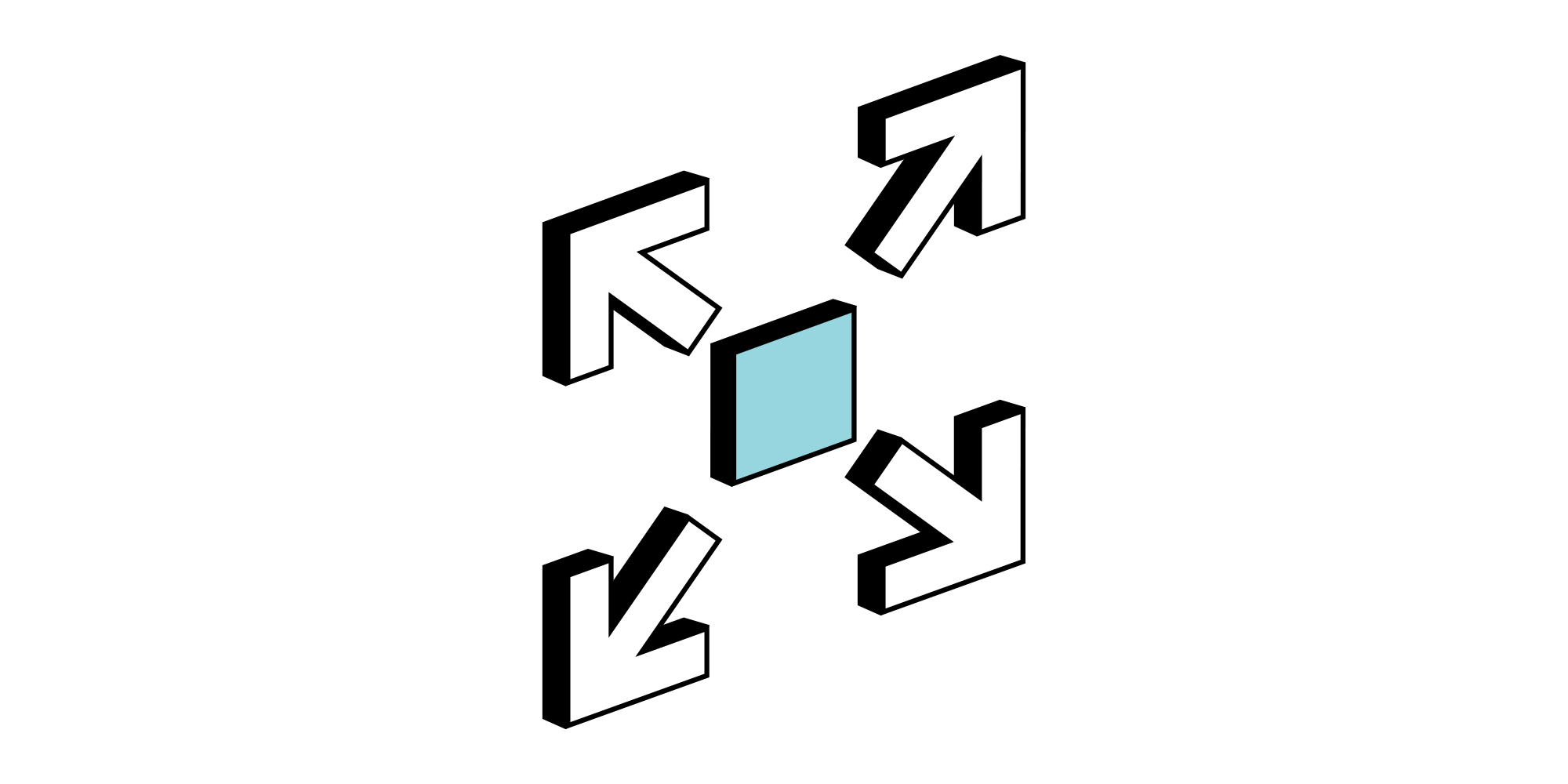 Isometric icon showing a blue square with four white arrows pointing outwards