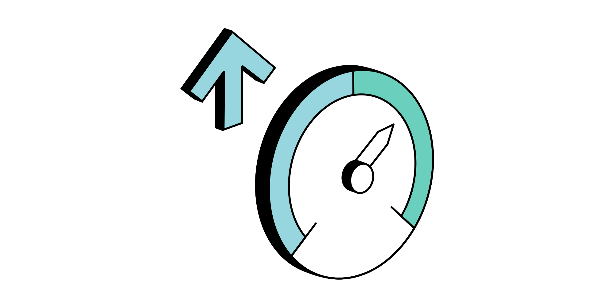 Isometric illustration of a circular gauge next to a blue upward-pointing arrow