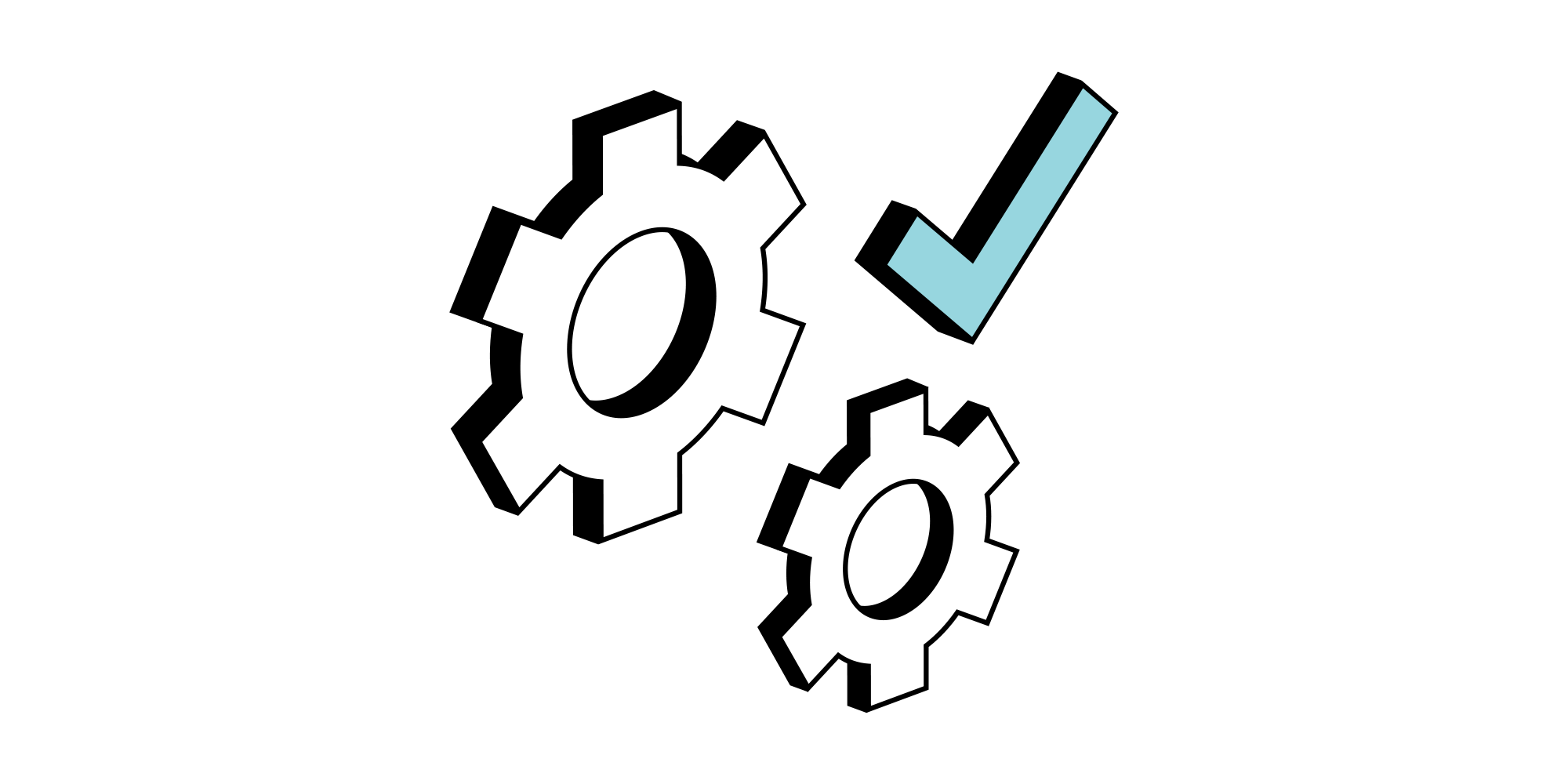 Isometric illustration of two white gears next to a blue checkmark