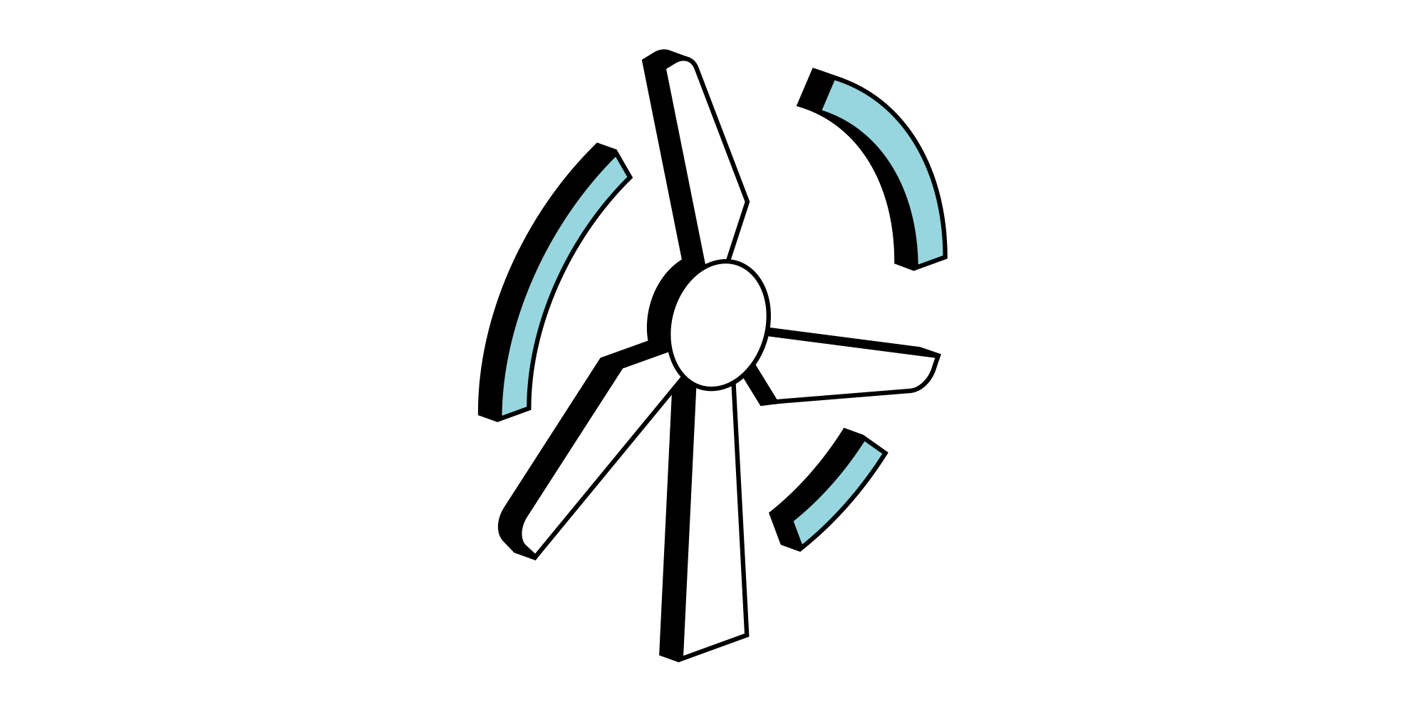 Isometric illustration of a wind turbine with three blades and blue motion lines
