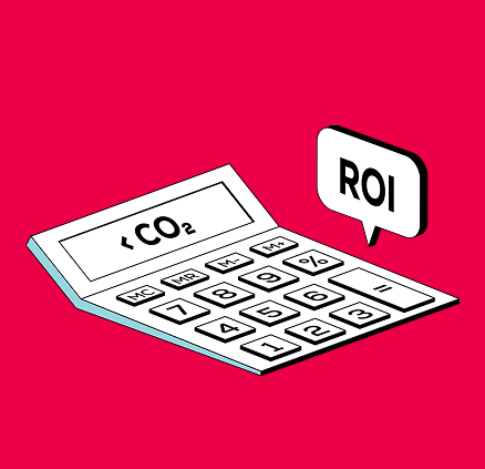Isometric drawing of a calculator displaying "< CO₂" on a red background and a bubble saying "ROI"