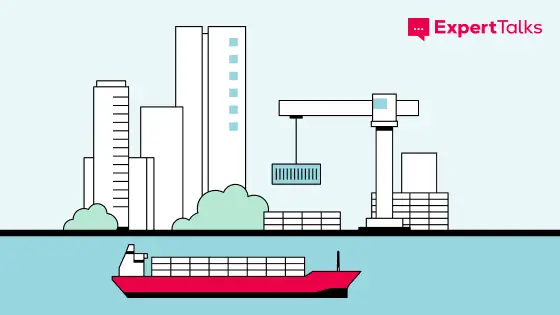 illustration of a ship in front of a city