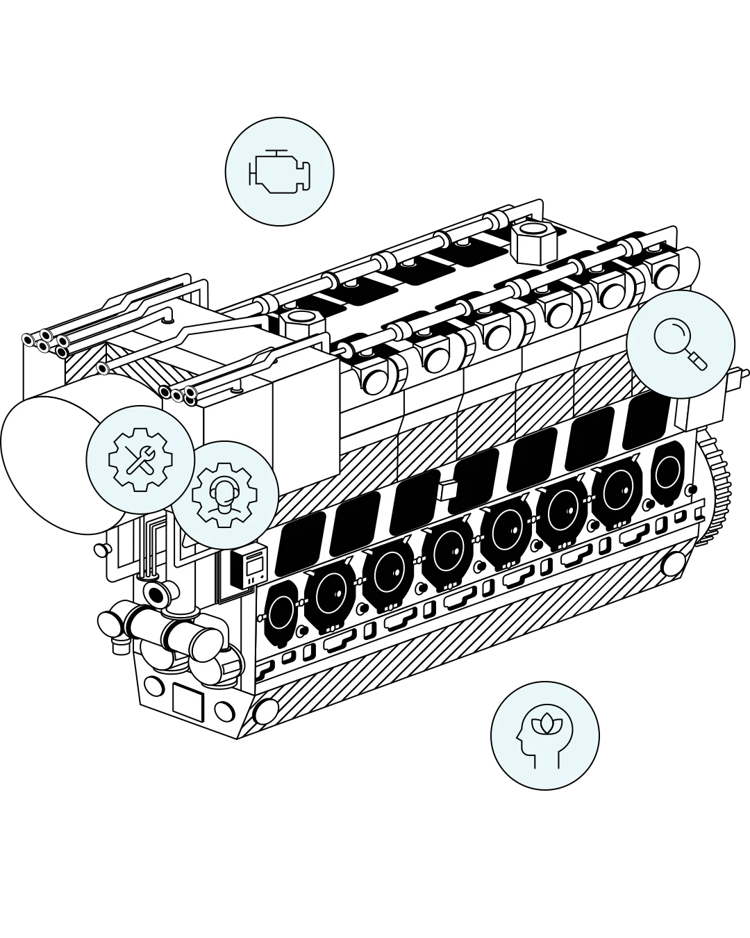 Detailed line-art illustration of a high-power multi-cylinder engine viewed at an angle, with surrounding light blue icons indicating engine status, maintenance tools, component analysis, and specialist knowledge.