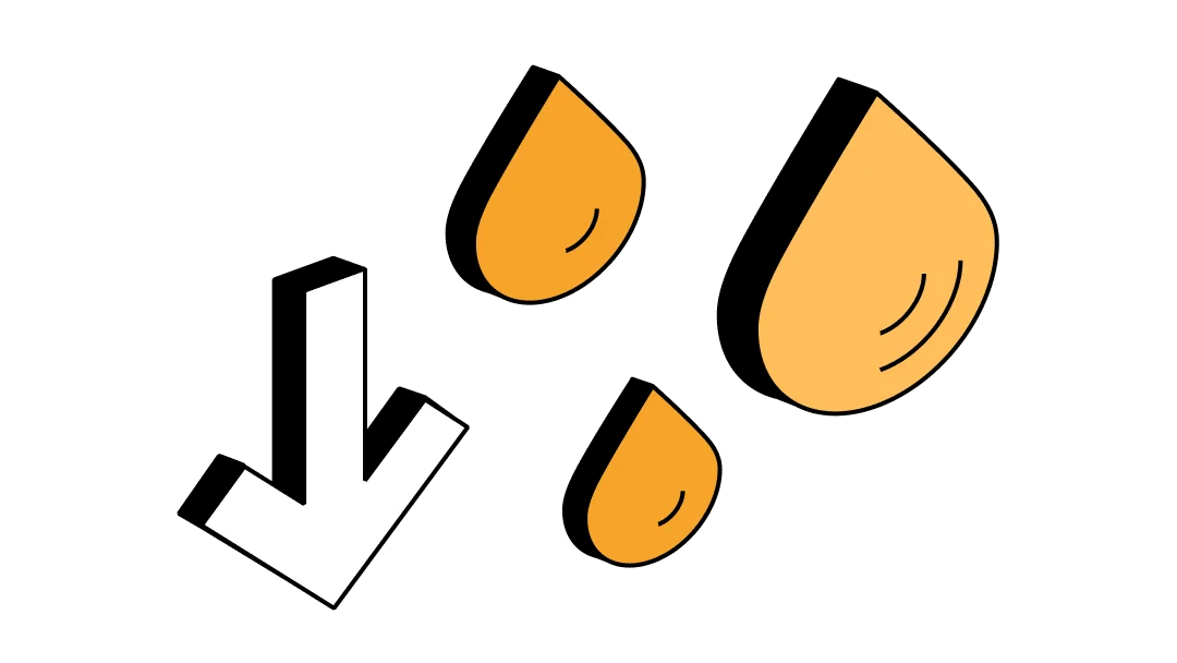 White downward arrow and several orange droplet shapes, symbolizing reduced fuel consumption.