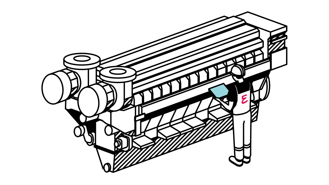 Illustration of a large engine with a person holding a tablet