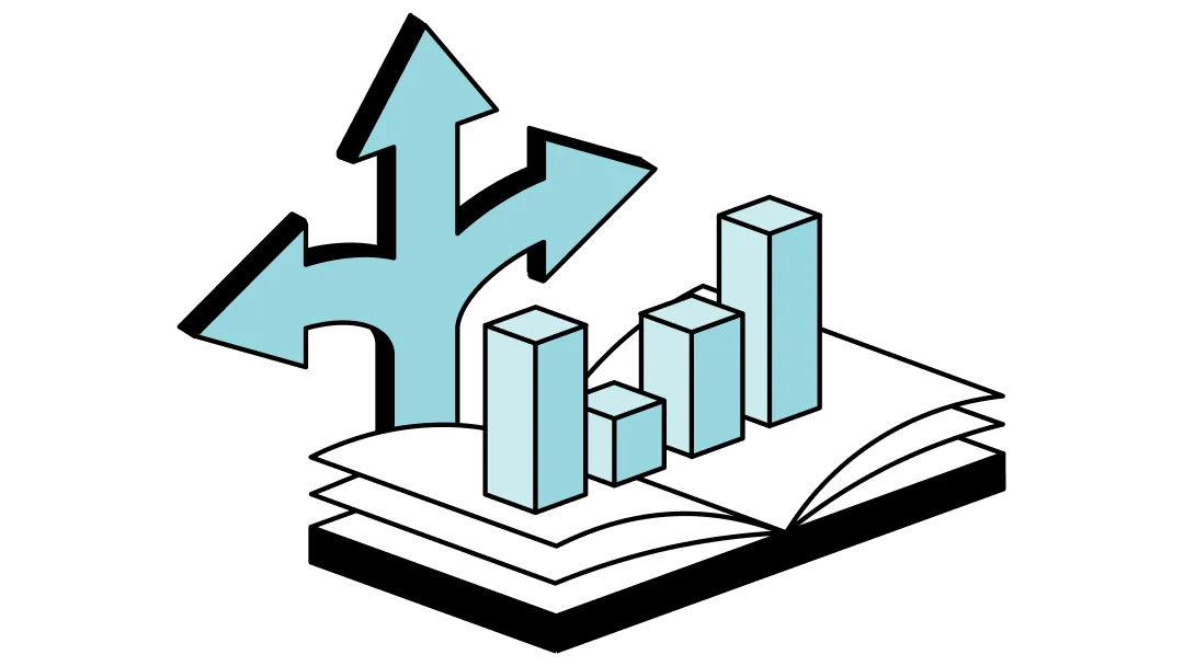 Illustration of bar charts on an open book with directional arrows